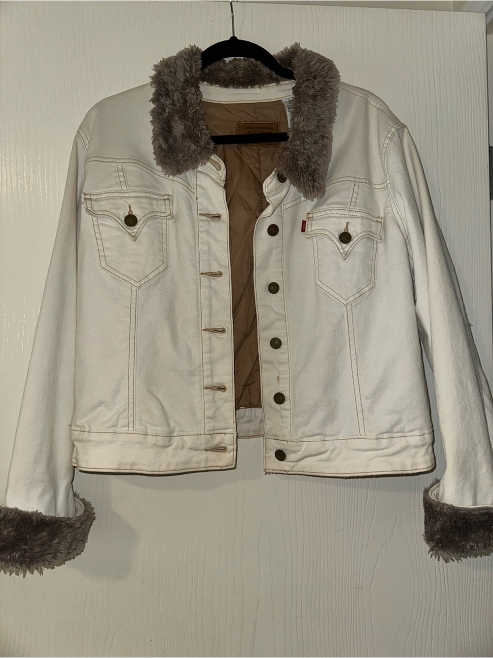 Levi's White Denim Jacket with Brown Faux Fur Collar & Cuffs